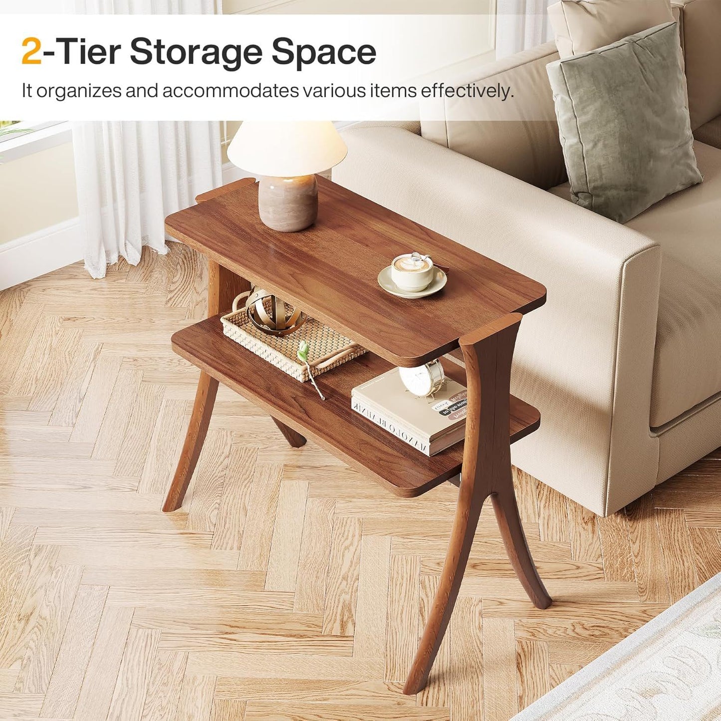 Narrow 2 Tier Side Slim Accent Table - Walnut