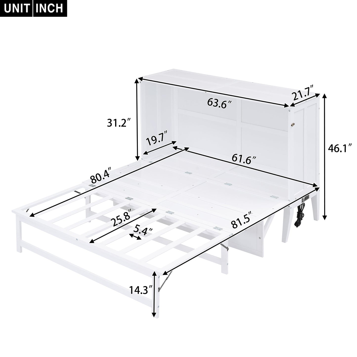 Queen Murphy Bed w/ Built-In Charging Station & a Shelf  White