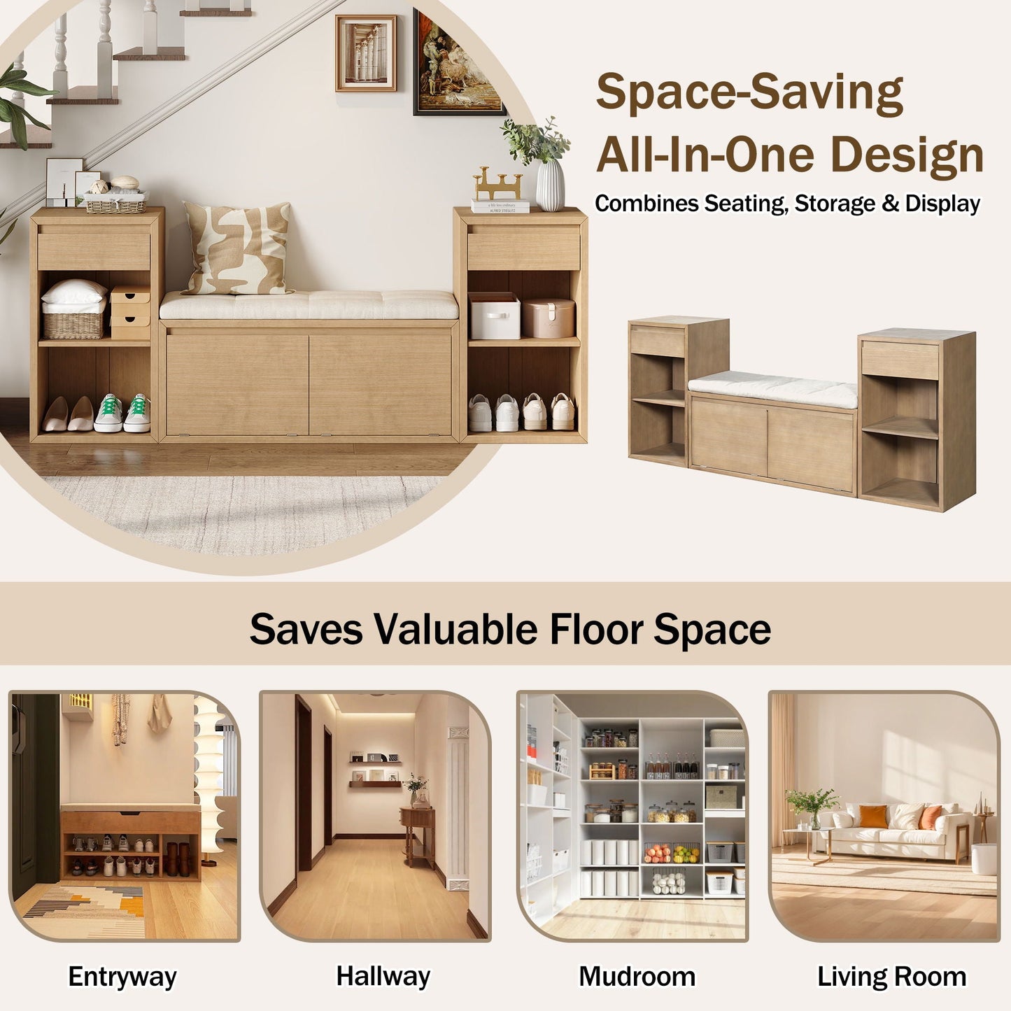 Storage Bench With Cushion, Drawers & Open Shelves
