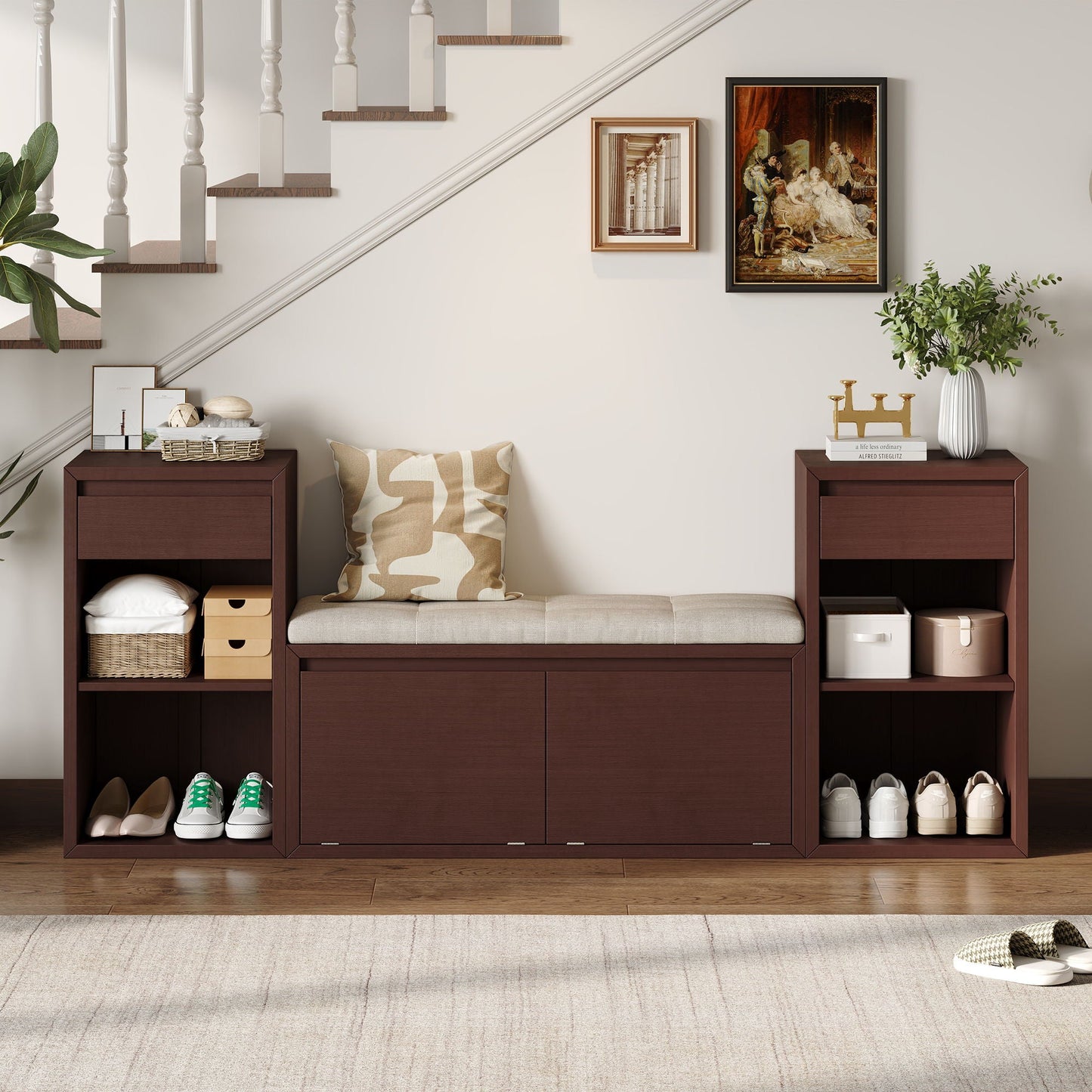 Storage Bench With Cushion, Drawers & Open Shelves