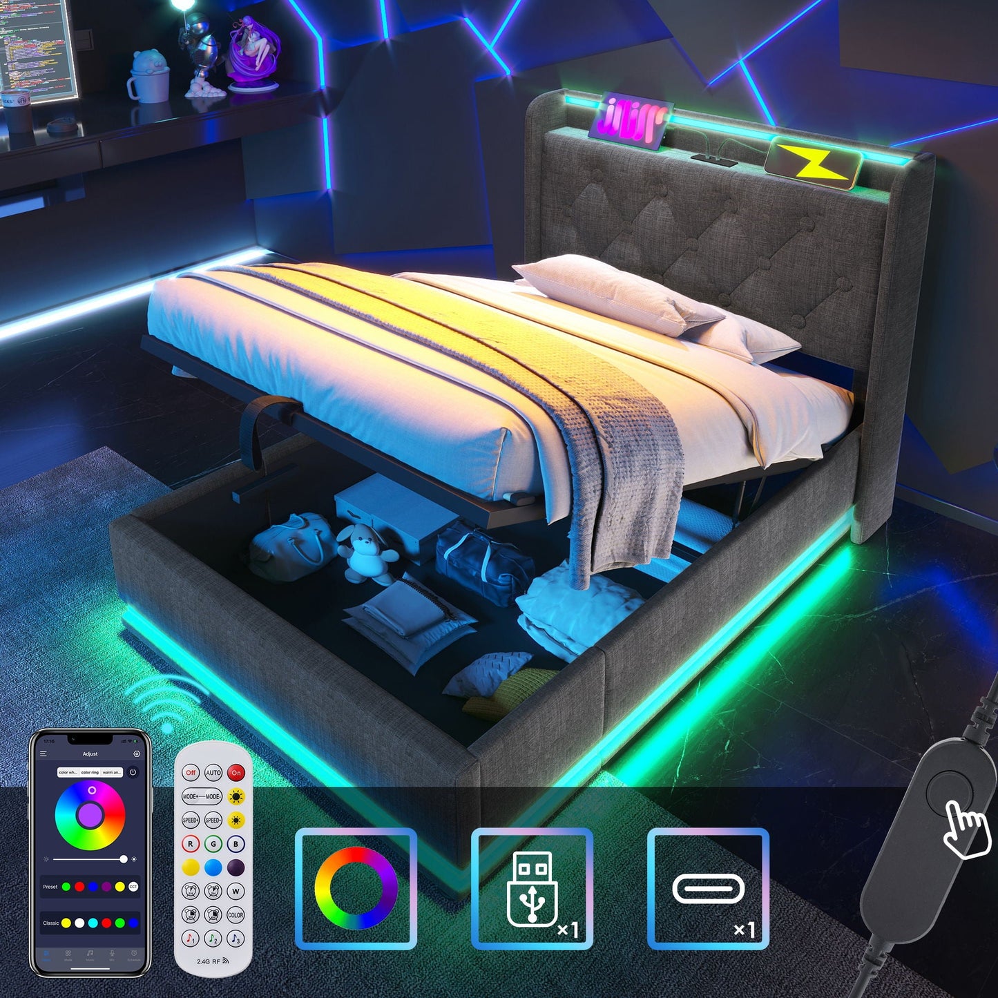Hydraulic Storage Bed With USB (Without Mattress)
