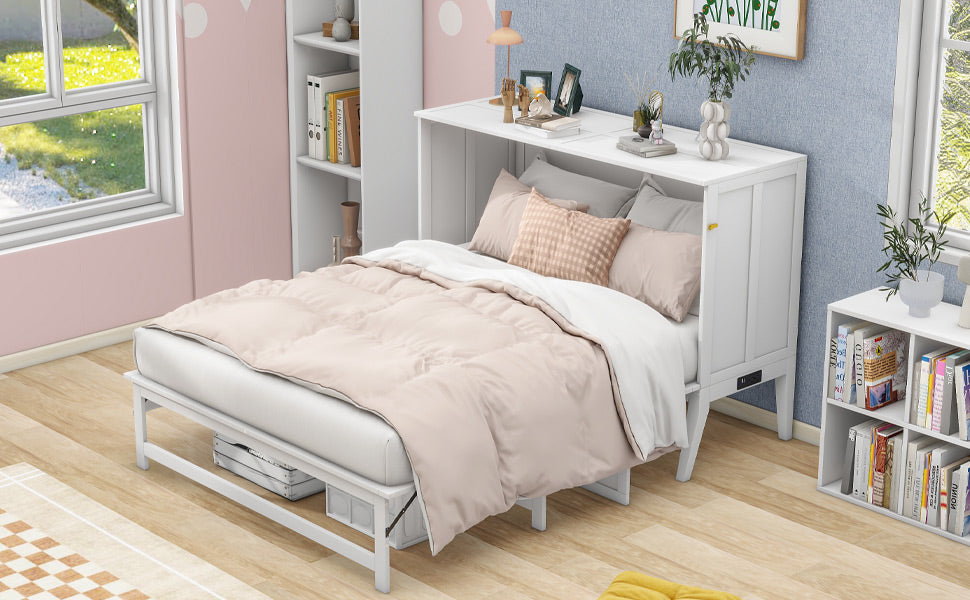Queen Murphy Bed w/ Built-In Charging Station & a Shelf  White