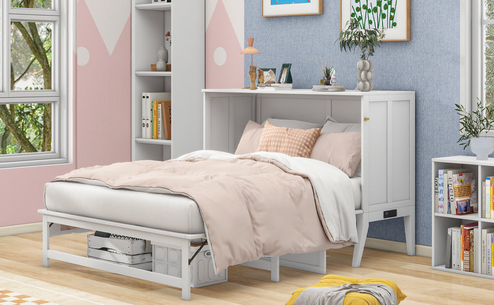 Queen Murphy Bed w/ Built-In Charging Station & a Shelf  White
