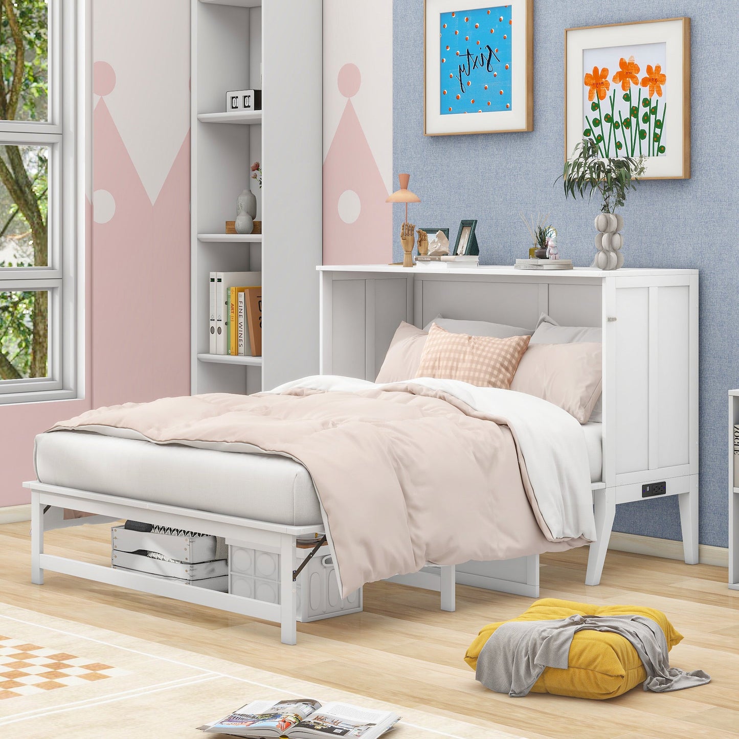 Queen Murphy Bed w/ Built-In Charging Station & a Shelf  White