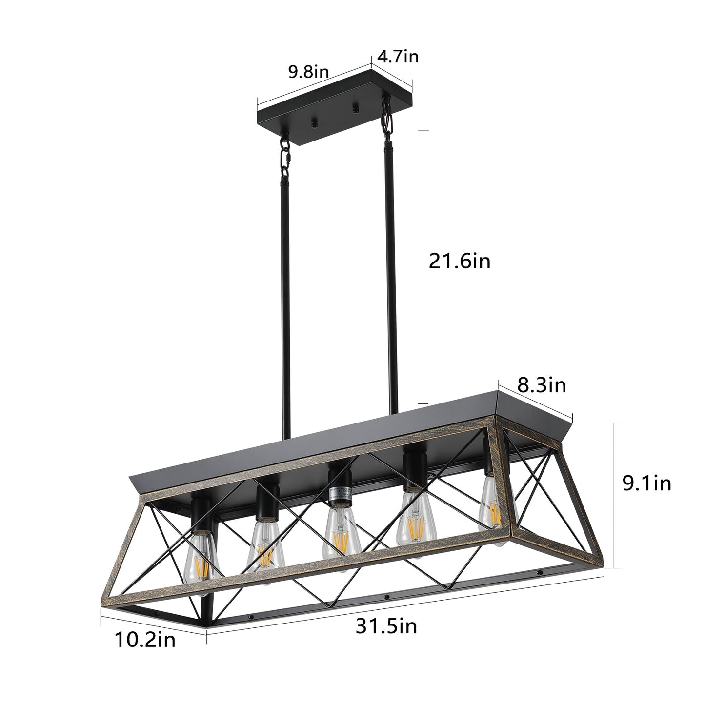 5-Light Farmhouse  Modern Rectangular Island Lights (No Bulbs)