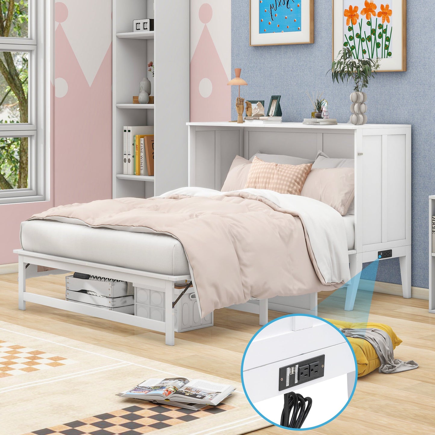 Queen Murphy Bed w/ Built-In Charging Station & a Shelf  White