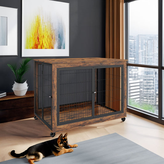 Furniture Style Dog Crate Side Table on Wheels with Double Doors and Lift Top