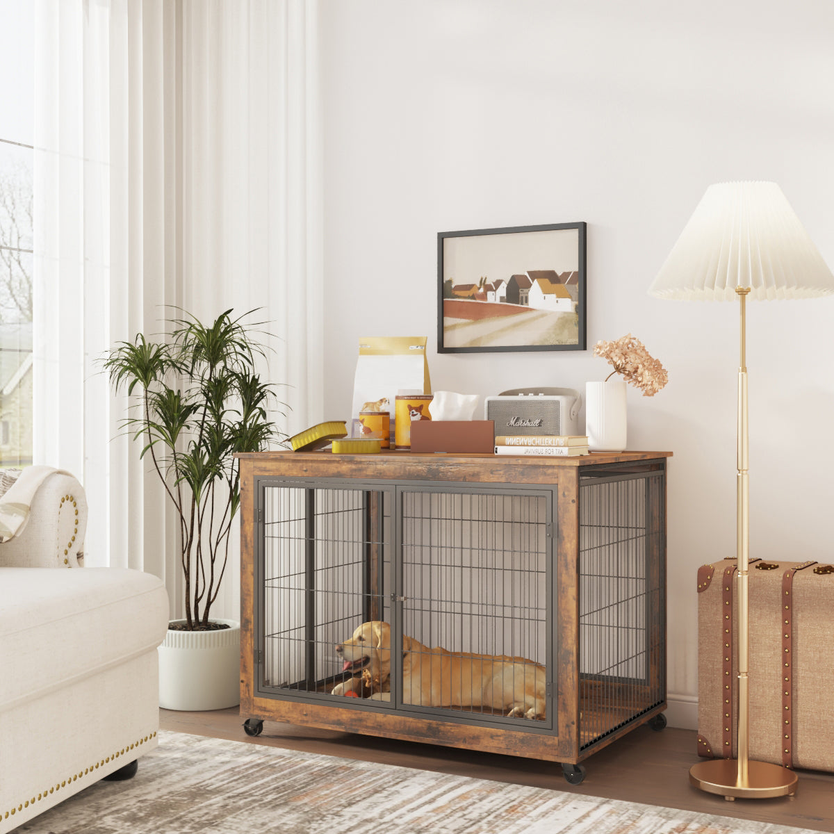 Furniture Style Dog Crate Side Table on Wheels with Double Doors and Lift Top