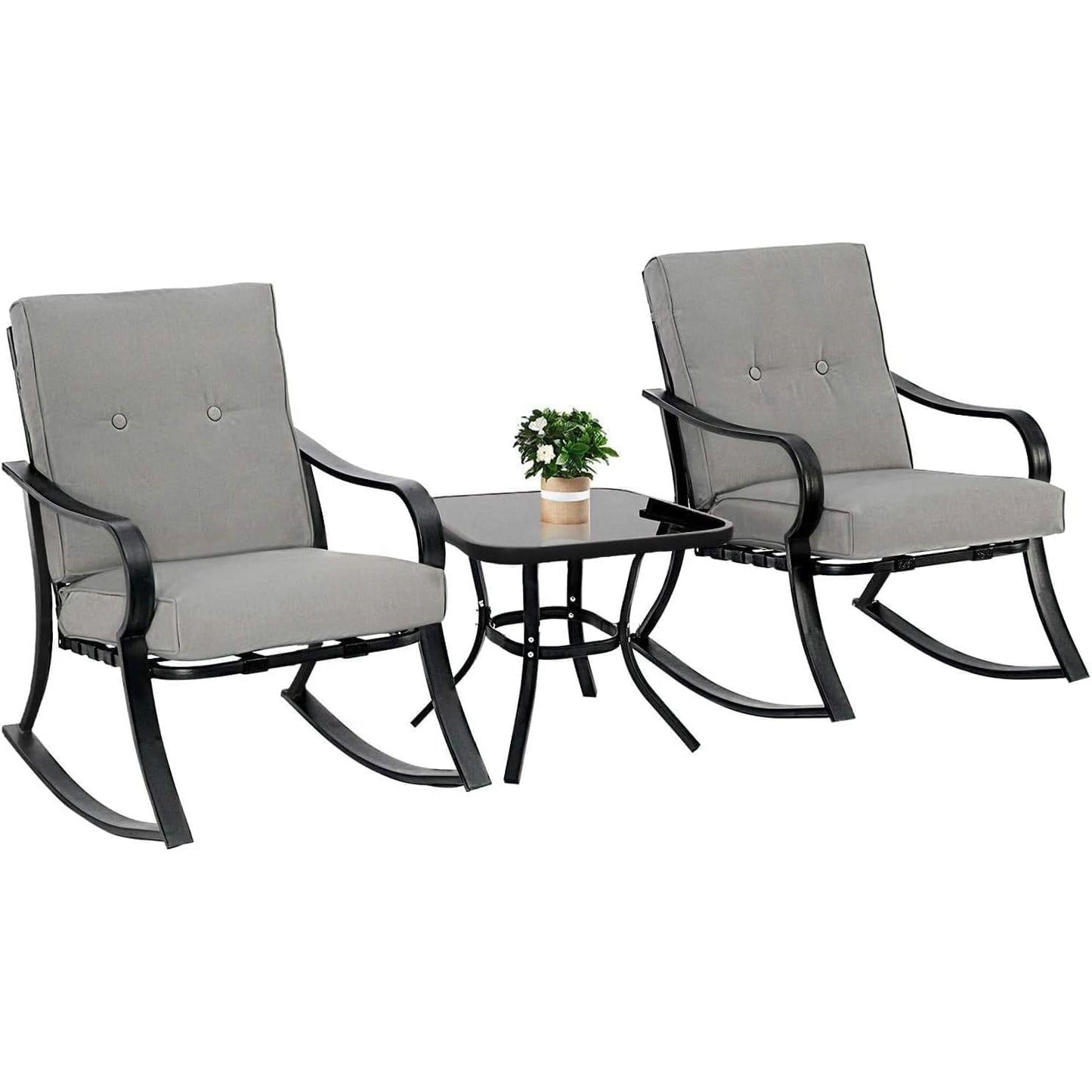 3-Piece Patio Furniture Table Rocking Chairs Set w/Grey Cushions