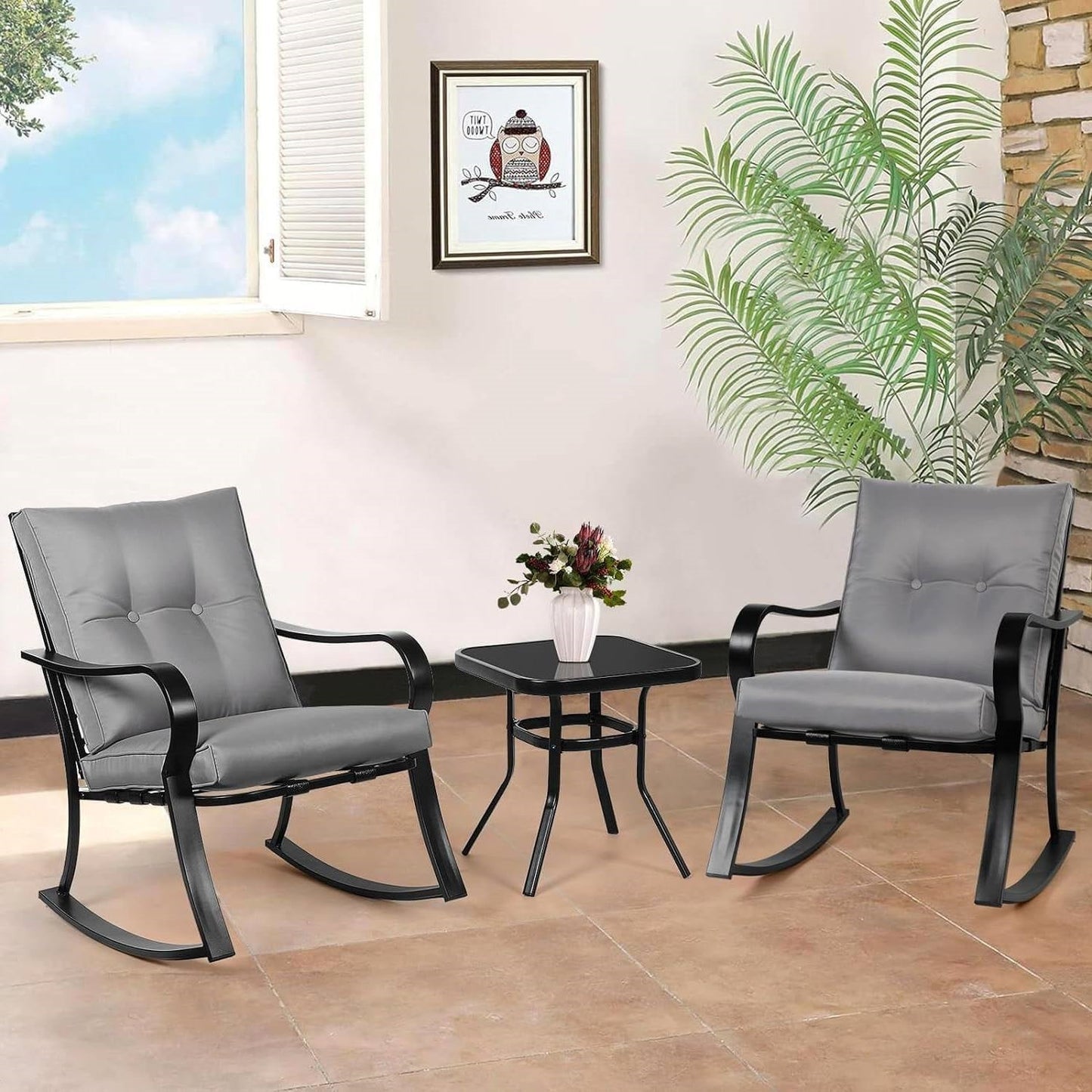 3-Piece Patio Furniture Table Rocking Chairs Set w/Grey Cushions