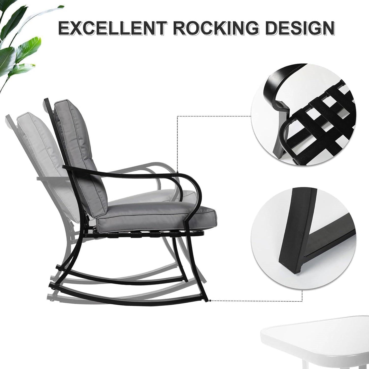 3-Piece Patio Furniture Table Rocking Chairs Set w/Grey Cushions