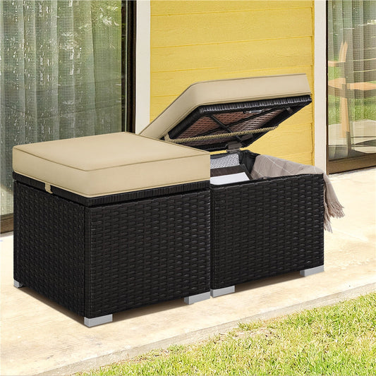 2PCS Rattan Storage Ottomans with Cushions – Outdoor
