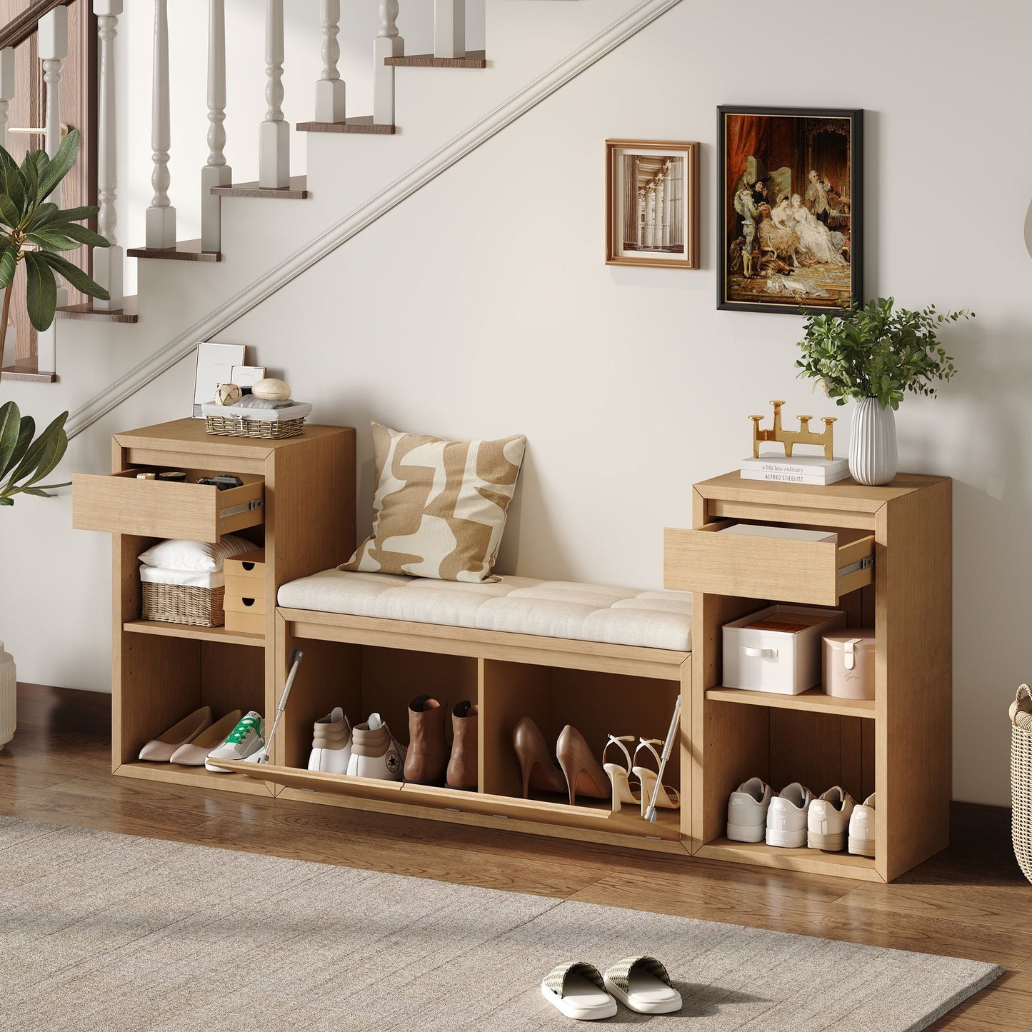Storage Bench With Cushion, Drawers & Open Shelves