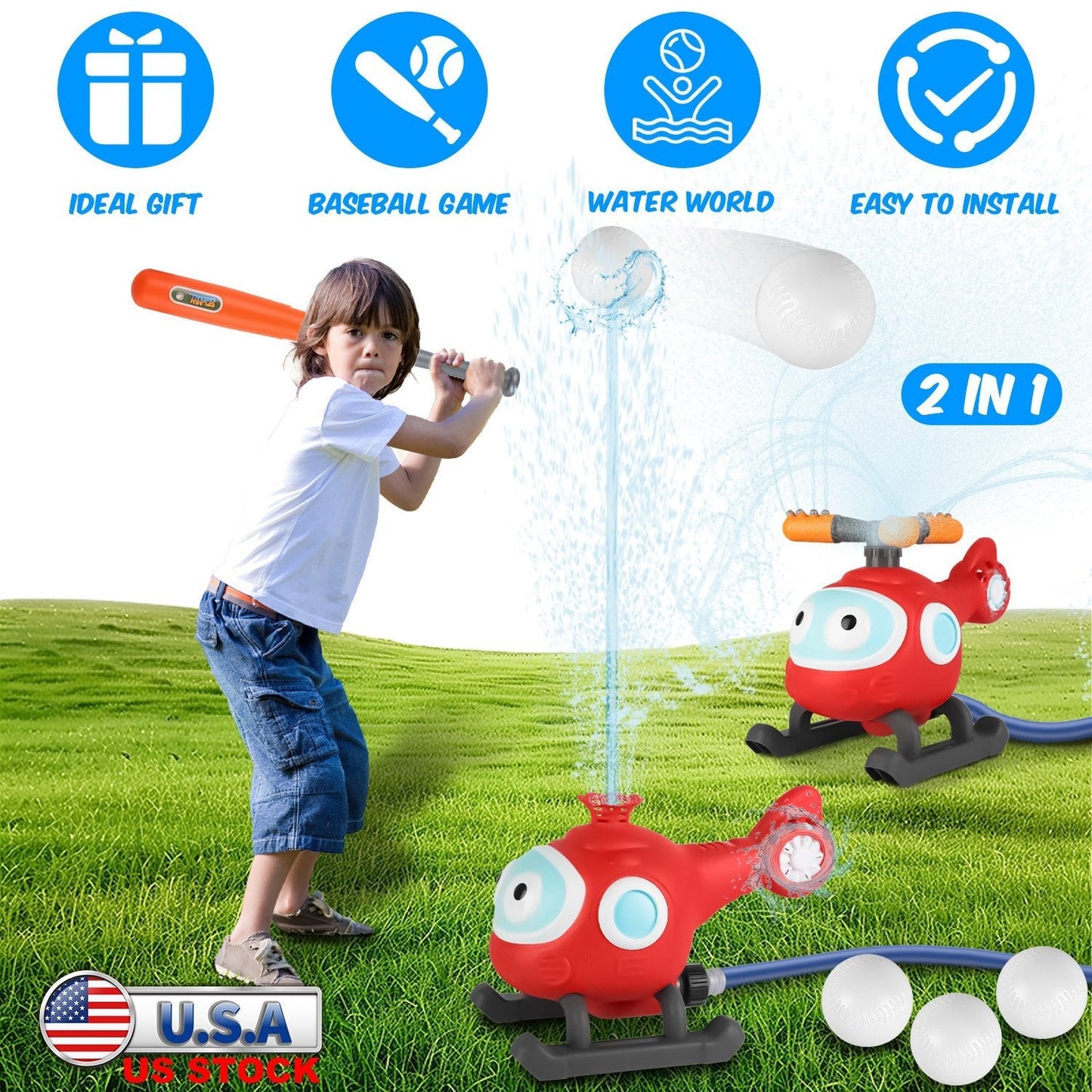 2 In 1 Water Sprinkler Baseball Helicopter Toy for Kids