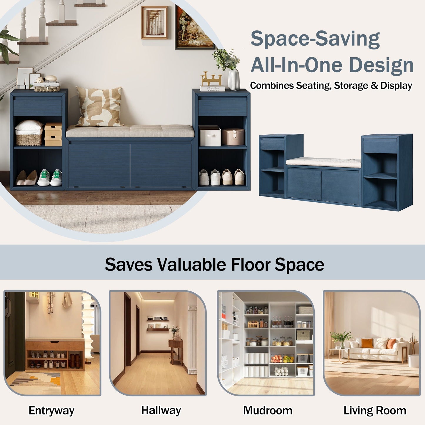Storage Bench With Cushion, Drawers & Open Shelves