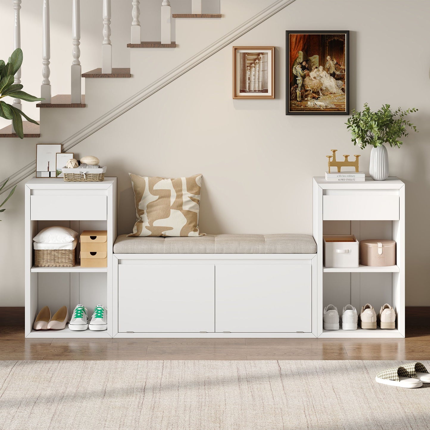 Storage Bench With Cushion, Drawers & Open Shelves