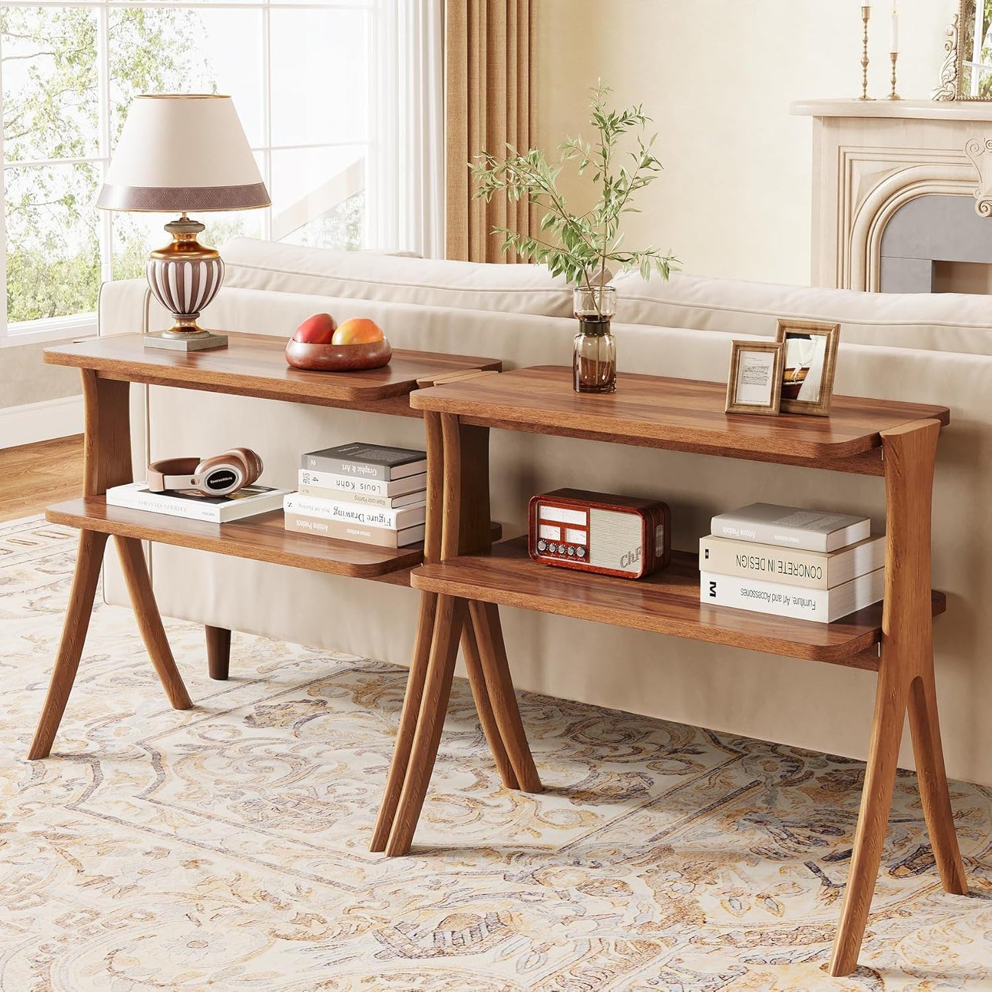 Narrow 2 Tier Side Slim Accent Table - Walnut