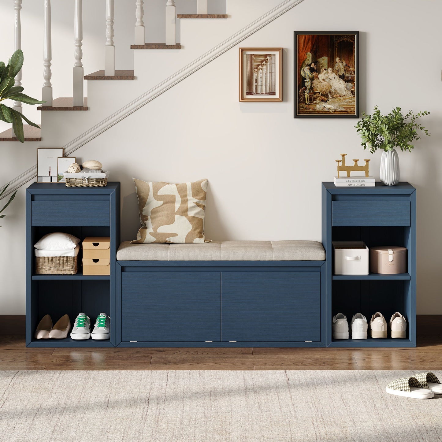 Storage Bench With Cushion, Drawers & Open Shelves