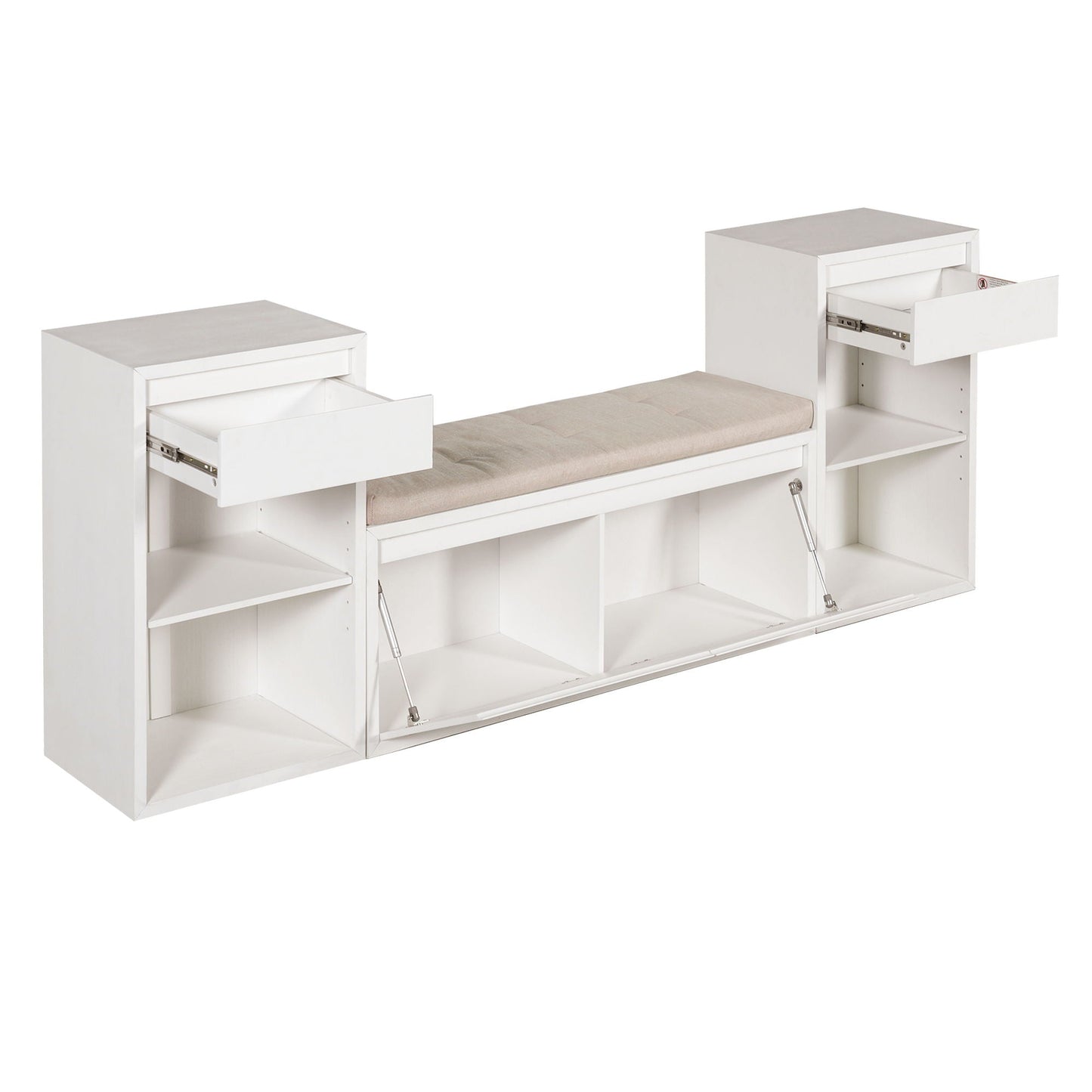 Storage Bench With Cushion, Drawers & Open Shelves