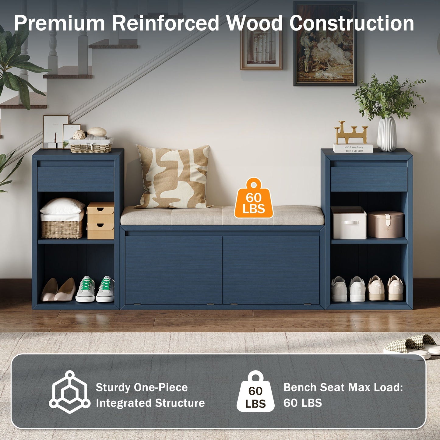 Storage Bench With Cushion, Drawers & Open Shelves