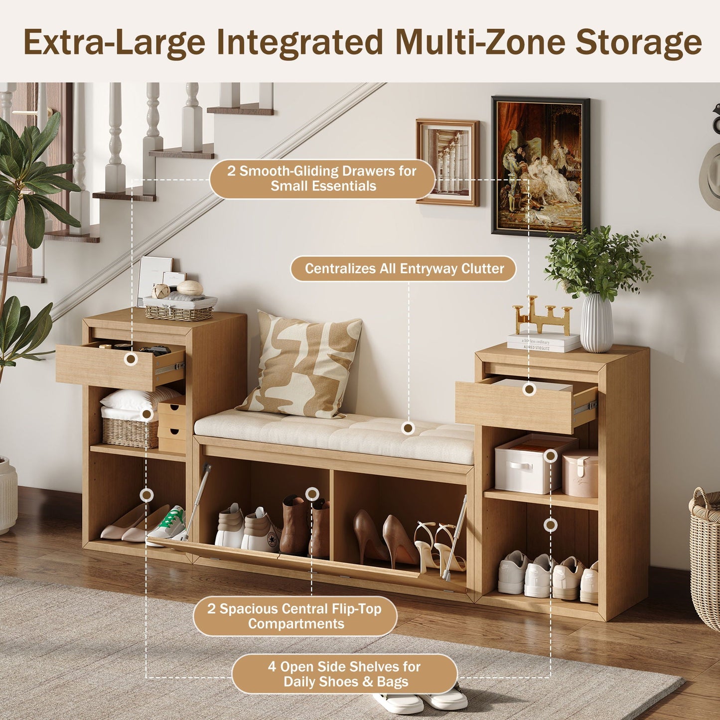 Storage Bench With Cushion, Drawers & Open Shelves