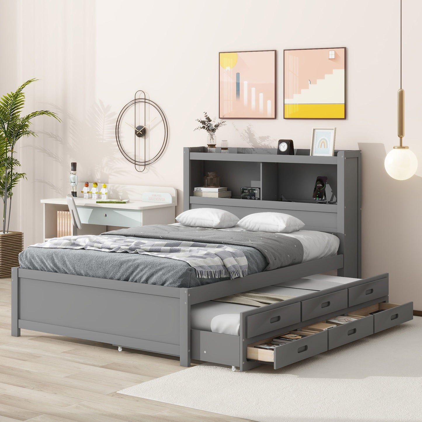 Full Size Platform Bed With Trundle, Drawers, USB Ports - Gray