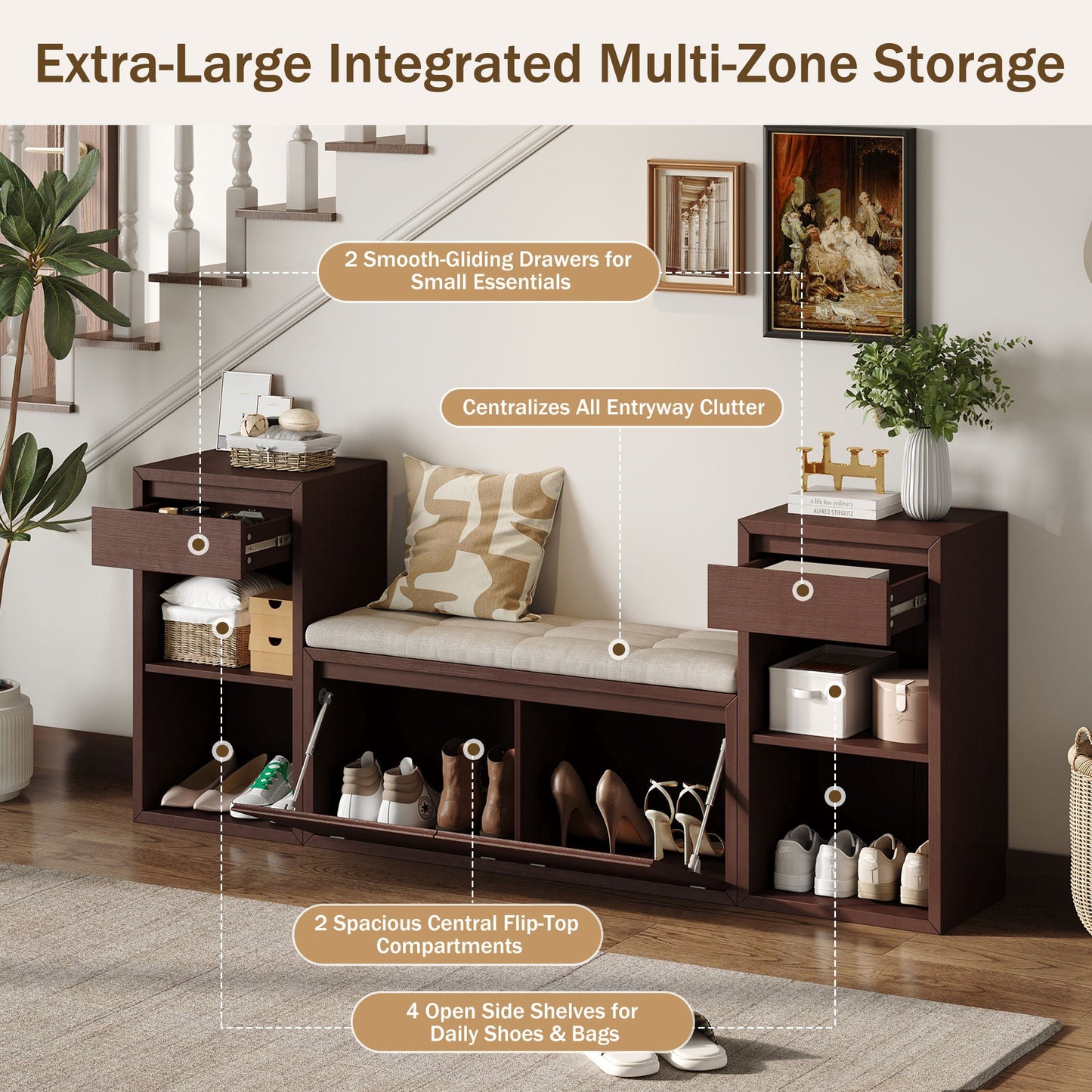Storage Bench With Cushion, Drawers & Open Shelves
