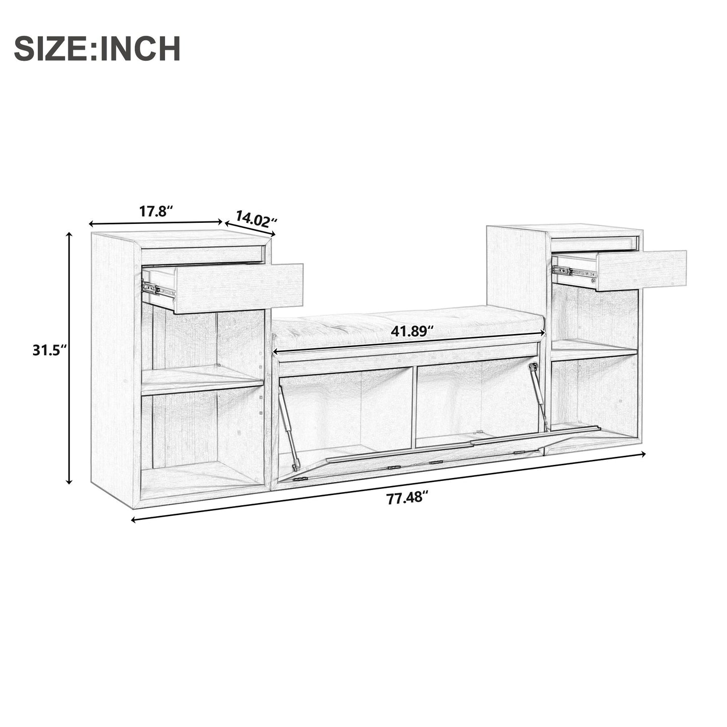 Storage Bench With Cushion, Drawers & Open Shelves