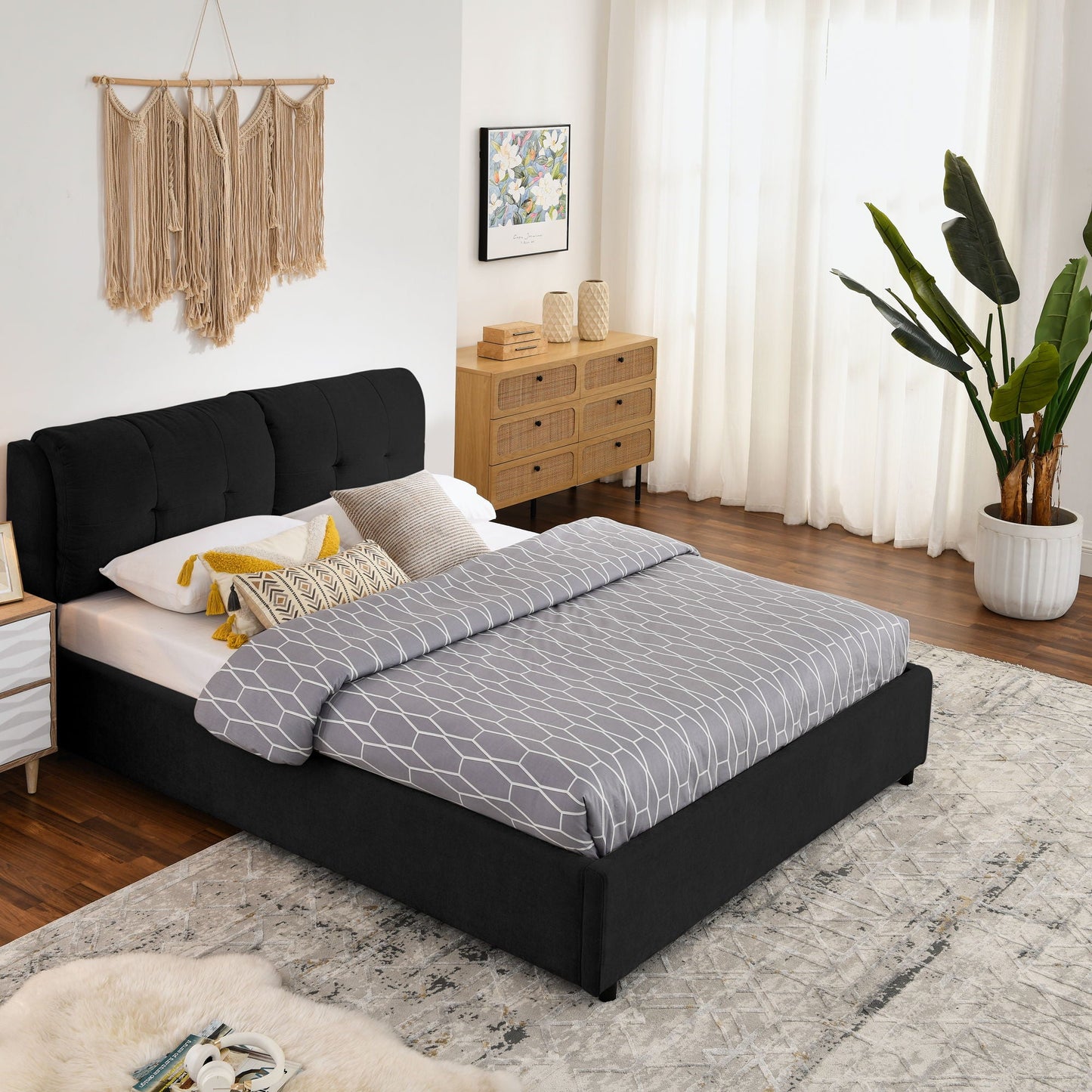 Storage Upholstered Hydraulic Bed w/ Integrated Headboard