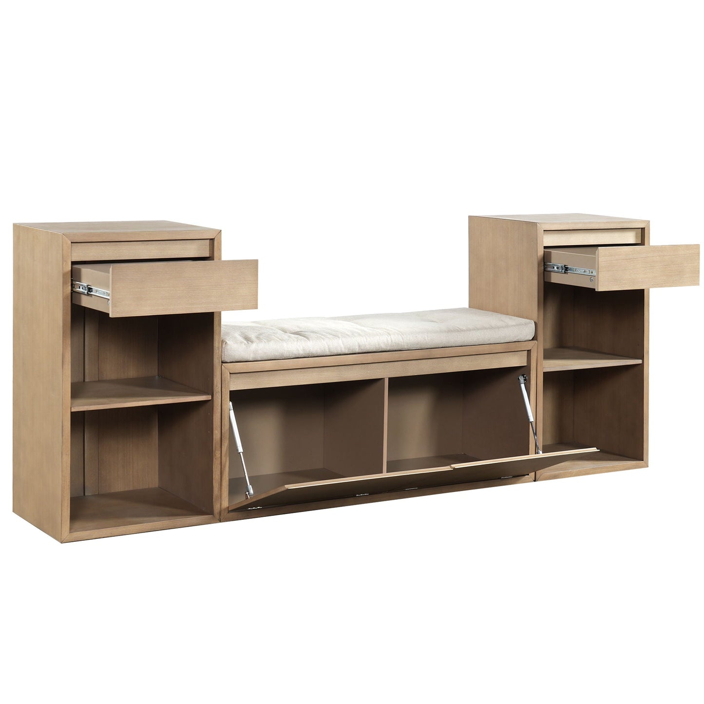 Storage Bench With Cushion, Drawers & Open Shelves