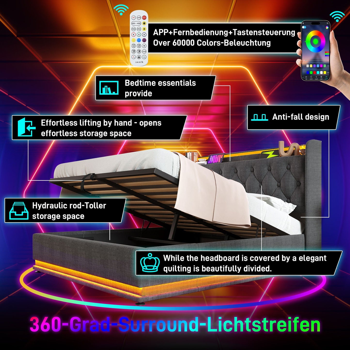 Hydraulic Storage Bed With USB (Without Mattress)