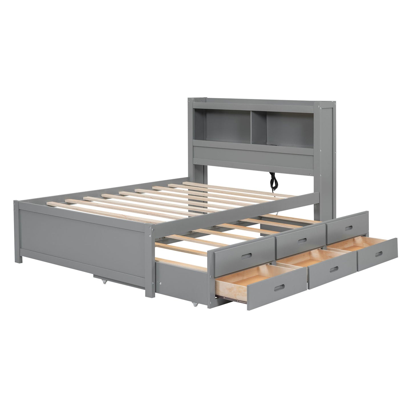 Full Size Platform Bed With Trundle, Drawers, USB Ports - Gray