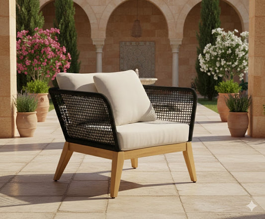 Cypress Teak Wood Outdoor Arm Chair with Black Rope Design